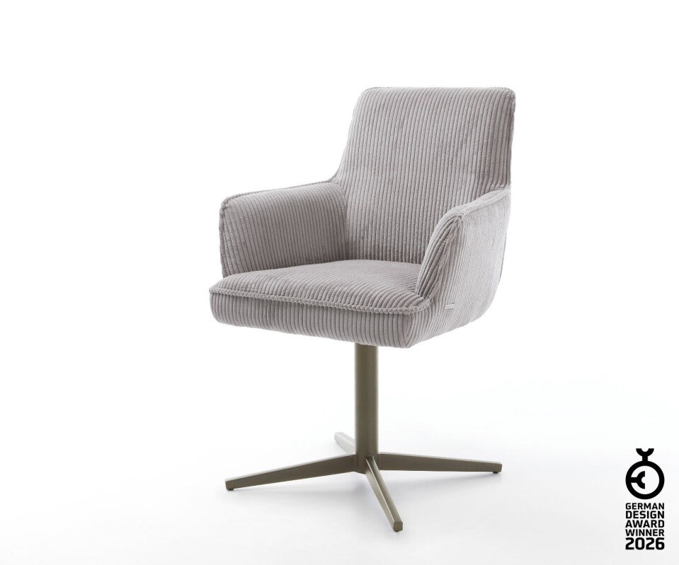 Chaise-pivotante Heira-Flex avec accoudoirs côtelé gris argenté pied de chaise 4 branches aspect titane pivotement sur 360° ressorts ensachés